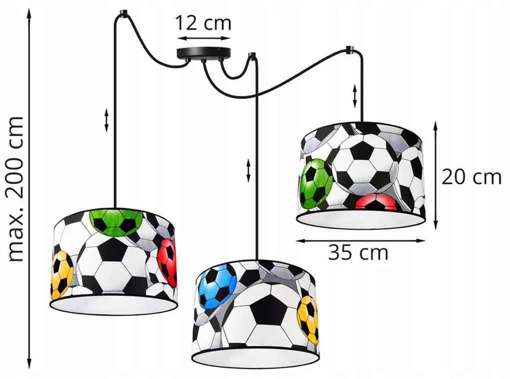 Detské závesné svietidlo Soccer Spider, 3x textilné tienidlo so vzorom, (výber z 2 farieb konštrukcie)