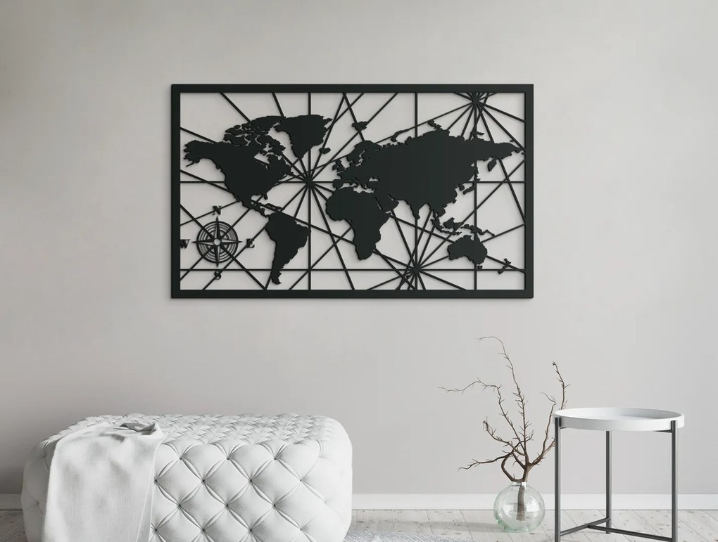 drevko Obraz Mapa sveta s kompasom na stenu Rozmer obrazu: 38,5 x 65 cm, Farba dekorácie: Čierna