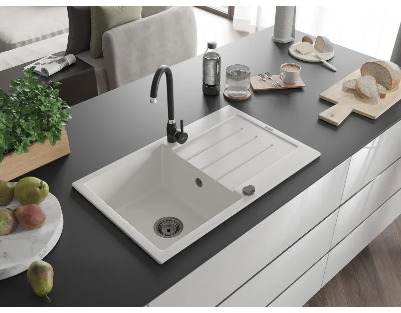 Mexen Bruno, granitový drez 795x495x200 mm, 1-komorový, biela s čiernym sifónom, 6513791010-20-B