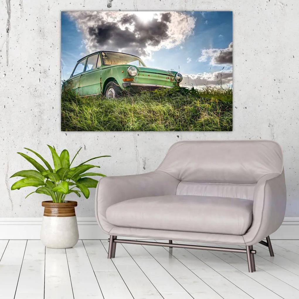Obraz zeleného auta v tráve