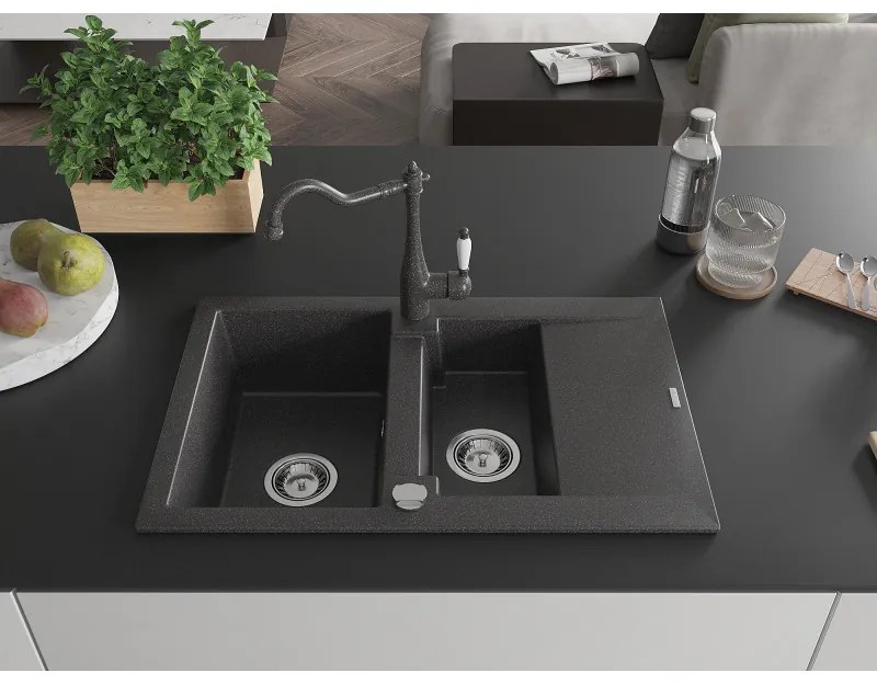 Mexen Gaspar, granitový drez 752x436x161 mm, 1,5-komorový a drezová batéria Carla, čierna škvrnitá, 6507-76-670700-76