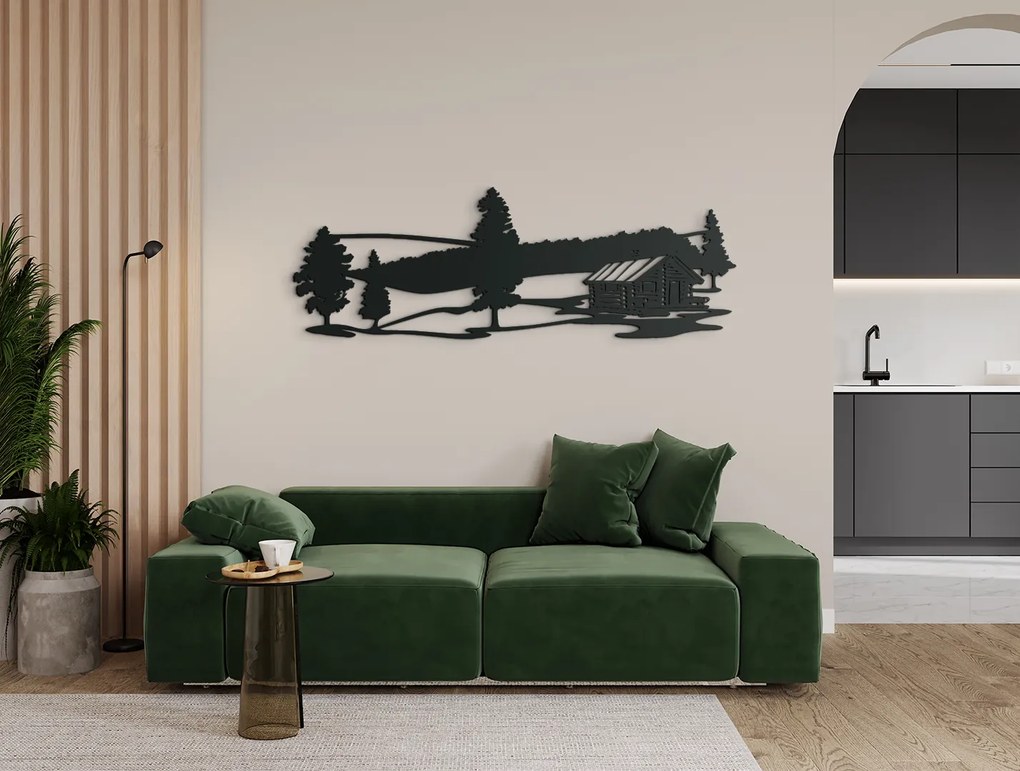 drevko Ľudový drevený obraz Chata v lese Rozmer obrazu: 15 x 44,5 cm, Farba dekorácie: Čierna