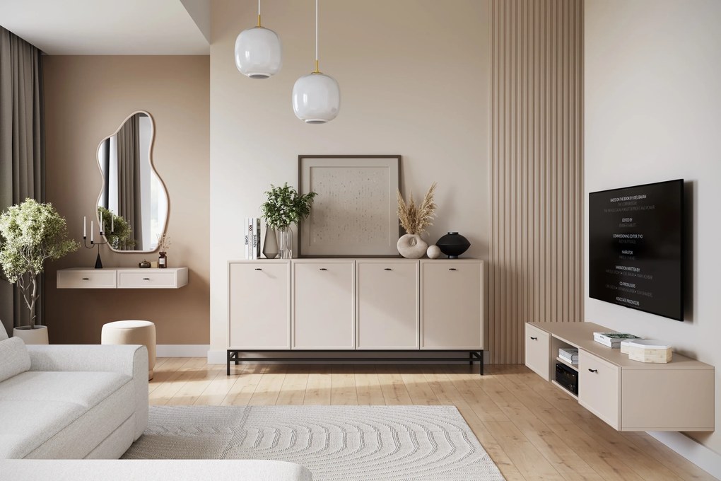 Závesný TV stolík Lorini 150 cm – kašmírová / čierne úchytky T