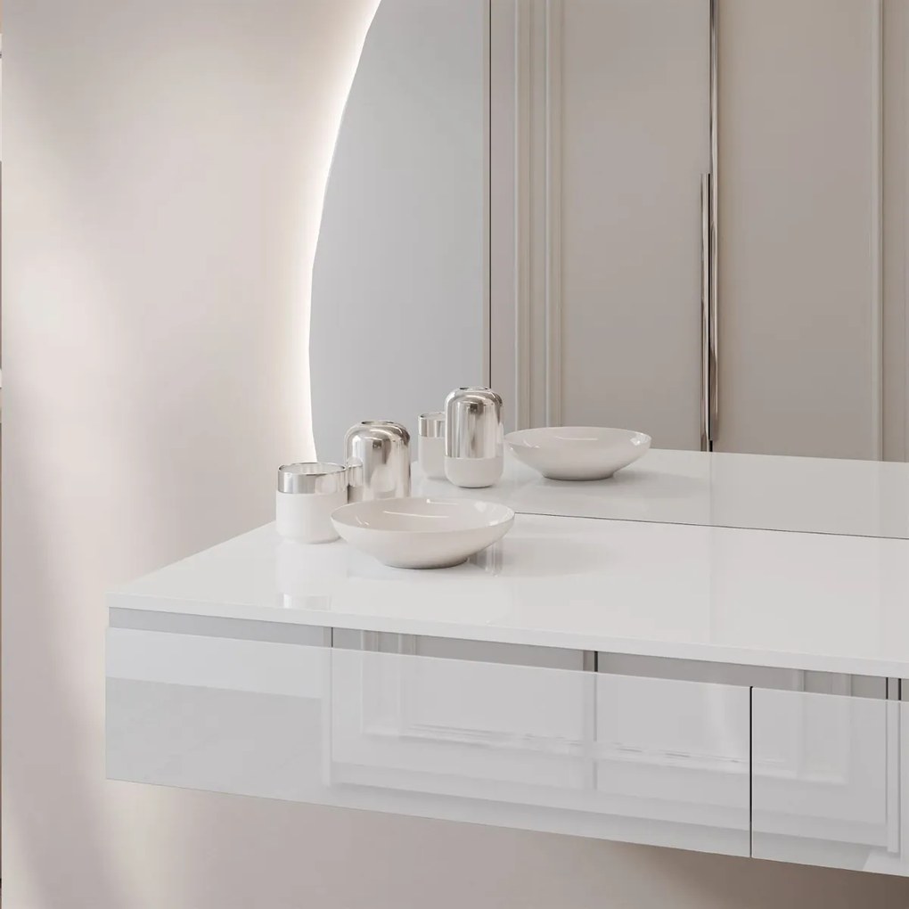 TOALETNÝ STOLÍK NESSIE BIELY LESK + STRIEBORNÝ + ZRKADLO POLMESIAC