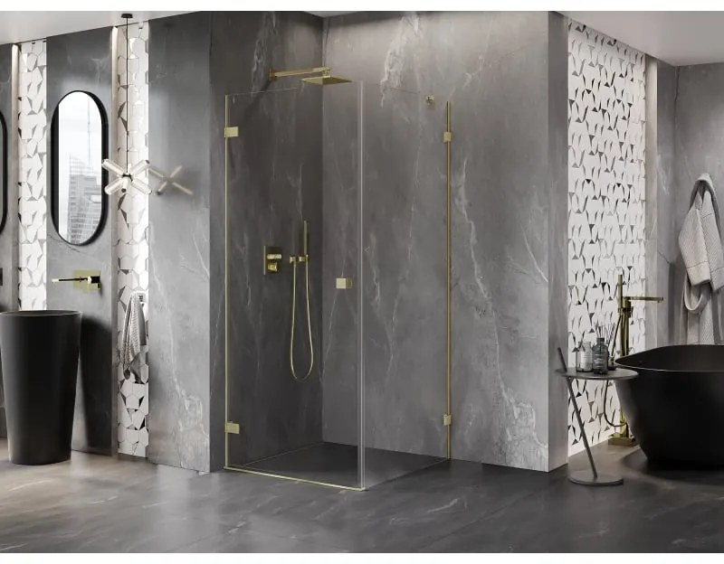Mexen Lunar-B, výklopný sprchový kút ľavý 90 x 90 cm, 8mm číre sklo, zlatý kartáčovaný - 832-090-090-55-00-L