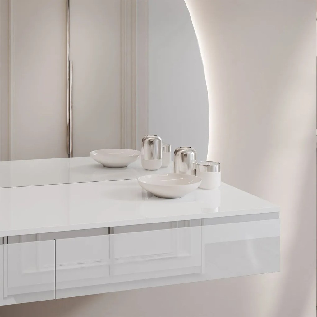 TOALETNÝ STOLÍK NESSIE BIELY LESK PRAVÝ + STRIEBORNÝ + ZRKADLO POLMESIAC