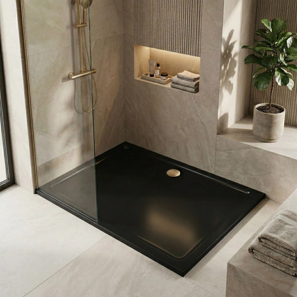 Rea Savoy, sprchová vanička 100x80x6 cm + sifón s chrómovou krytkou, čierna lesklá, REA-K4087