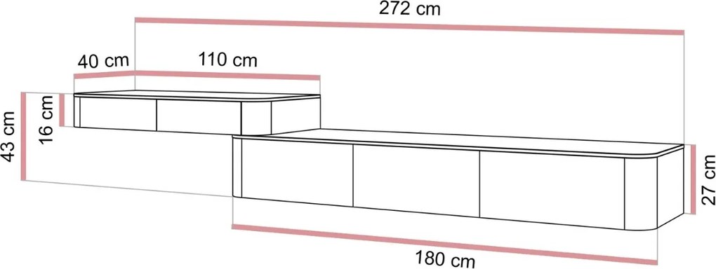 ZÁVESNÝ TV STOLÍK ZOSTAVA LEVANTE KAŠMÍR ZLATÉ ÚCHYTKY 272 cm