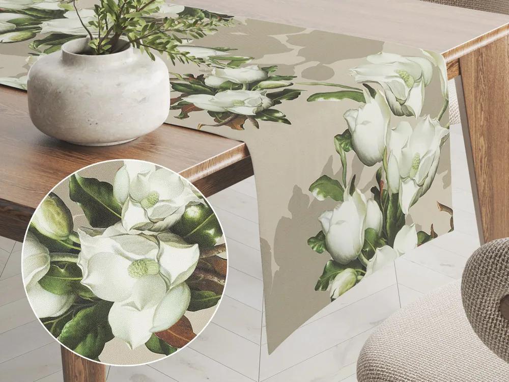 Biante Teflónový behúň na stôl TF-063 Kvety gardénie na hnedobéžovom 20x140 cm