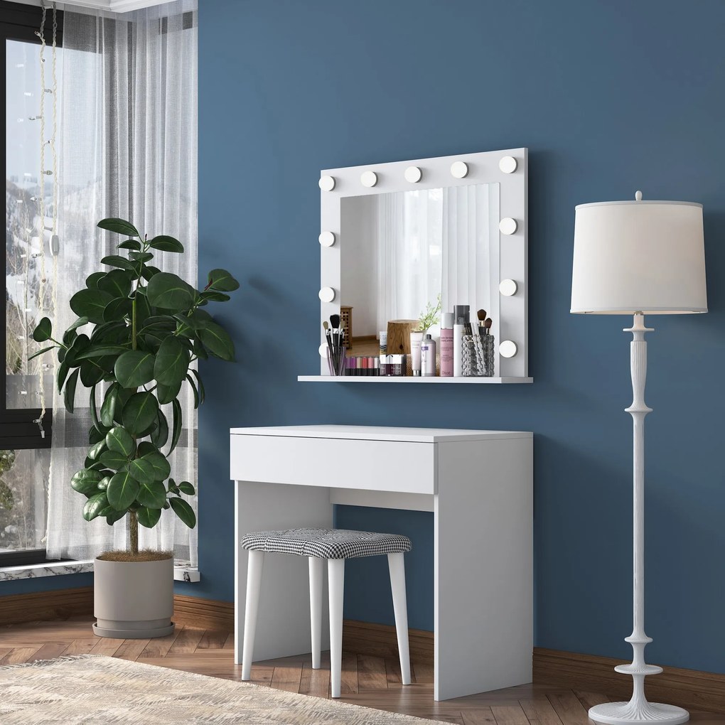 Minimalistický toaletní stolek Alisson III s LED zrcadlem a taburetem bílý
