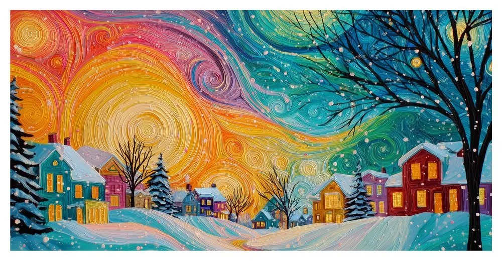 Vianočný obraz farebné domčeky v čarovnej noci