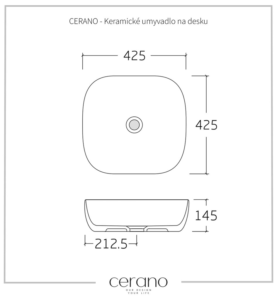 Cerano Sano, keramické umývadlo na dosku 42,5x42,5 cm, biela lesklá, CER-CER-433070