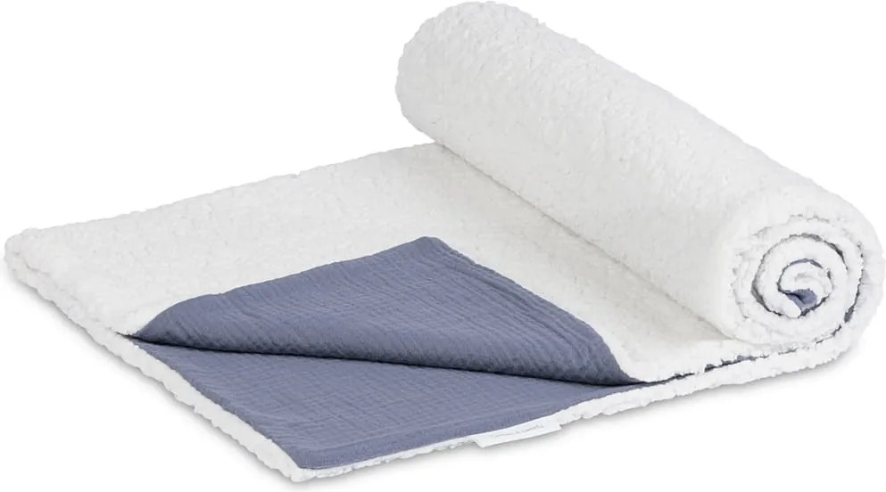 Obojstranný prehoz z mušelínu a umelej kožušiny džínsová 140x200 cm