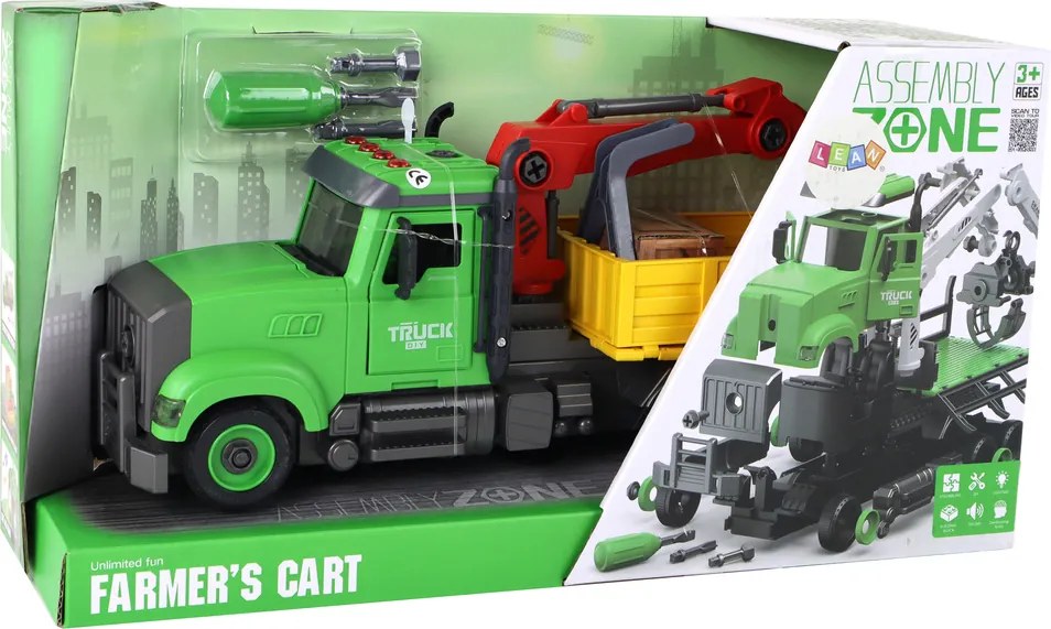 LEAN Toys Vozidlo s výklopnou korbou a žeriavom na skrutkovanie a odskrutkovanie – DIY
