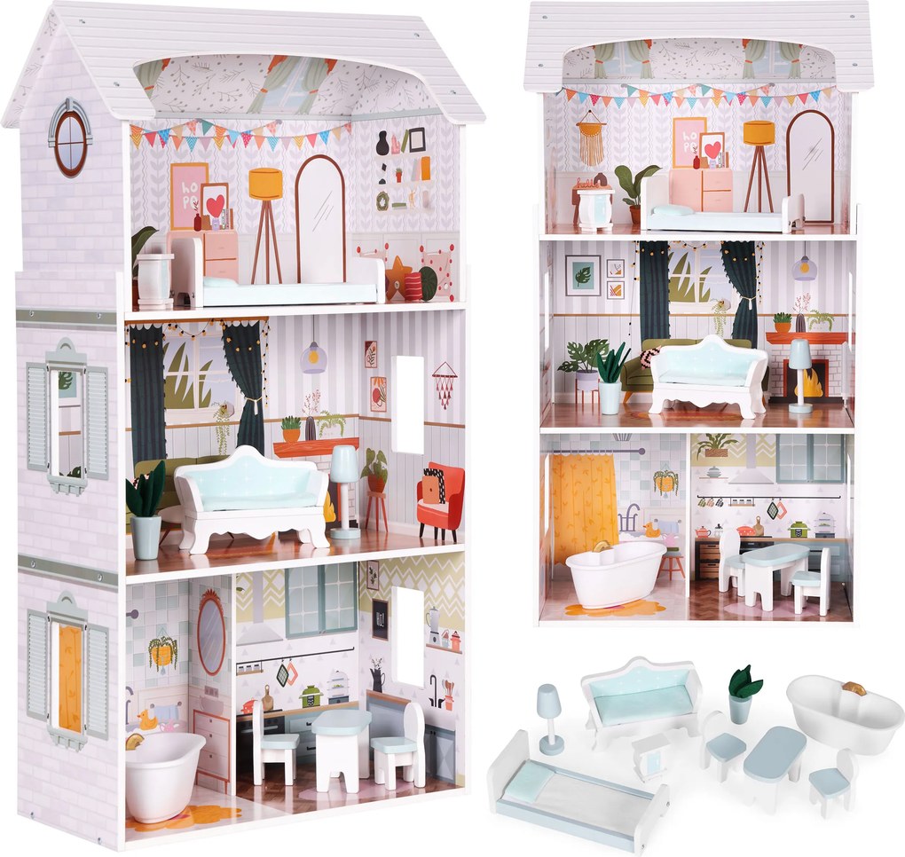 ECOTOYS Domček pre bábiky Alice z MDF, 3 poschodia, 4 izby, 9 dielov nábytku, pre deti 3+