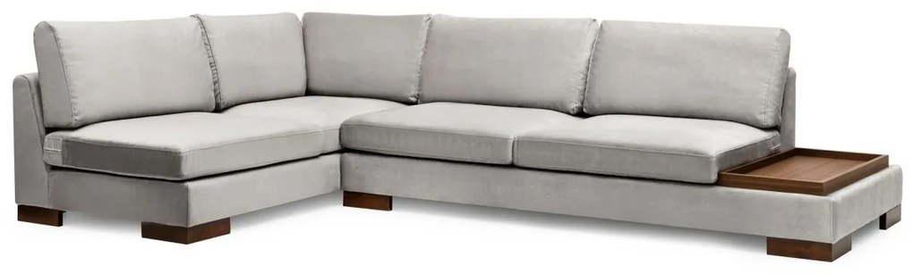 Rohová pohovka Tulip s odkladacím stolčekom a taburetom svetlosivá ľavá