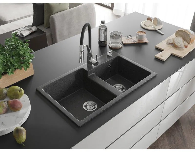 Mexen Tomas, 2-komorový granitový drez 800x500x190 mm a drezová batéria Aster, čierna škvrnitá, 6516-76-73450-07