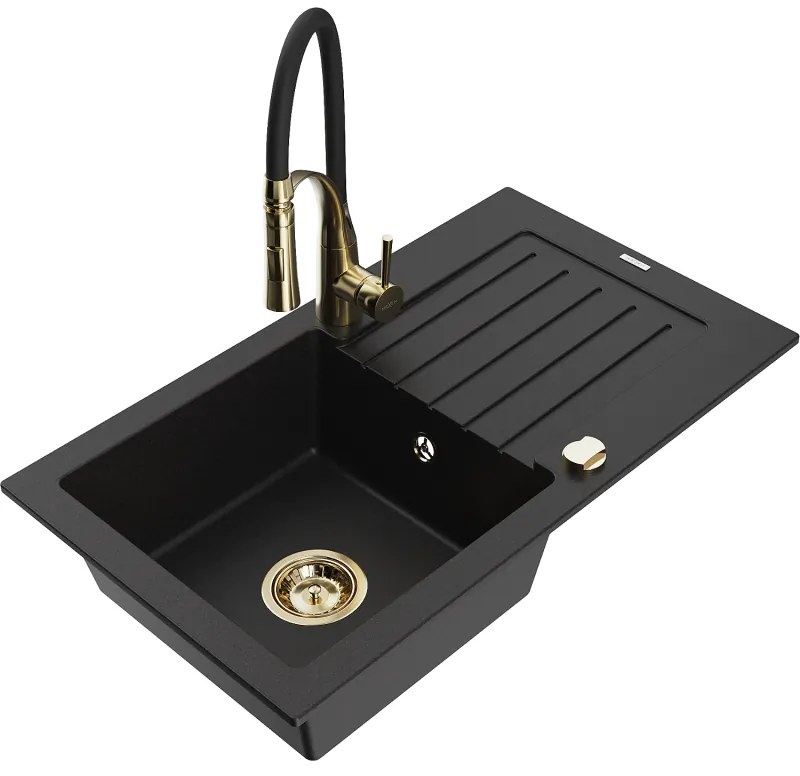 Mexen Pablo, 1-komorový granitový drez 752x436x161 mm a drezová batéria Aster, čierna, 6510-77-73450-57-G