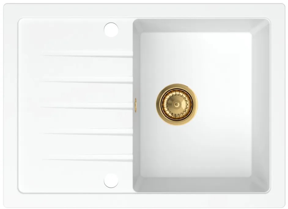 Sink Quality Titanite, kuchynský granitový drez 680x495x215 mm + zlatý sifón, biela, SKQ-TIT.W.1KKO.XG