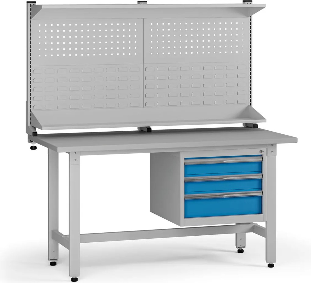 Výškovo nastaviteľný dielenský stôl G5 s nadstavbou, 1500 x 750 x 800-1000 mm, 1x kontajner, 3 zásuvky, modrá