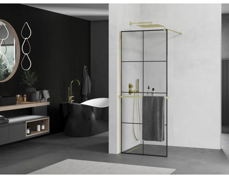 Mexen Kioto+, sprchová zástena s poličkou a držiakom na uteráky 80 x 200 cm, 8mm číre sklo vzor čierny, zlatý profil, 800-080-121-50-77