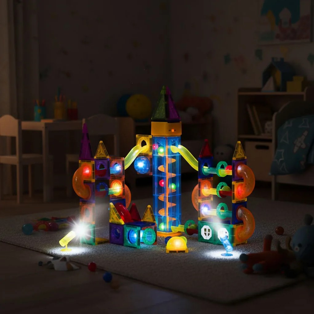 MULTISTORE Magnetické kocky LED 134 dielov – svietiaca stavebnica s guľôčkovou dráhou 3+