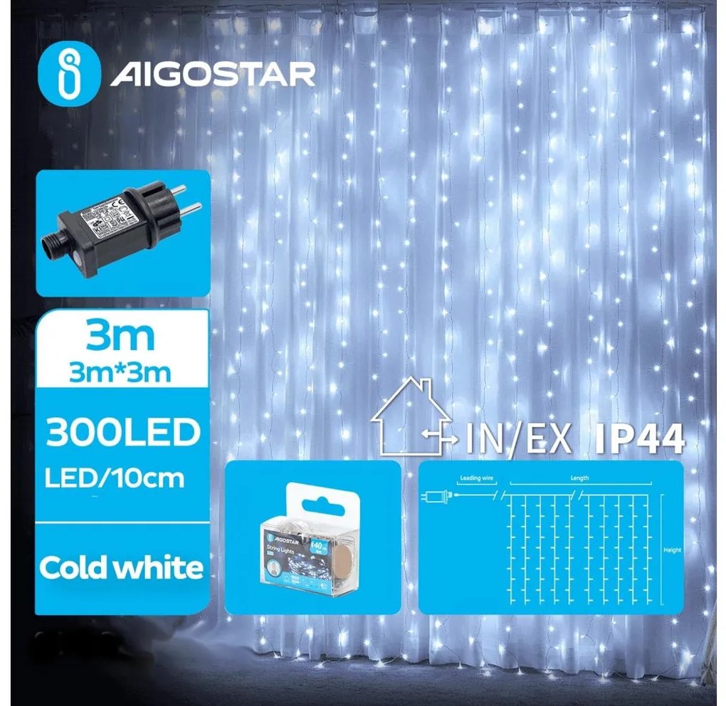 Aigostar - LED Vonkajšia vianočná reťaz 300xLED/8 funkcií 6x3m IP44 studená biela