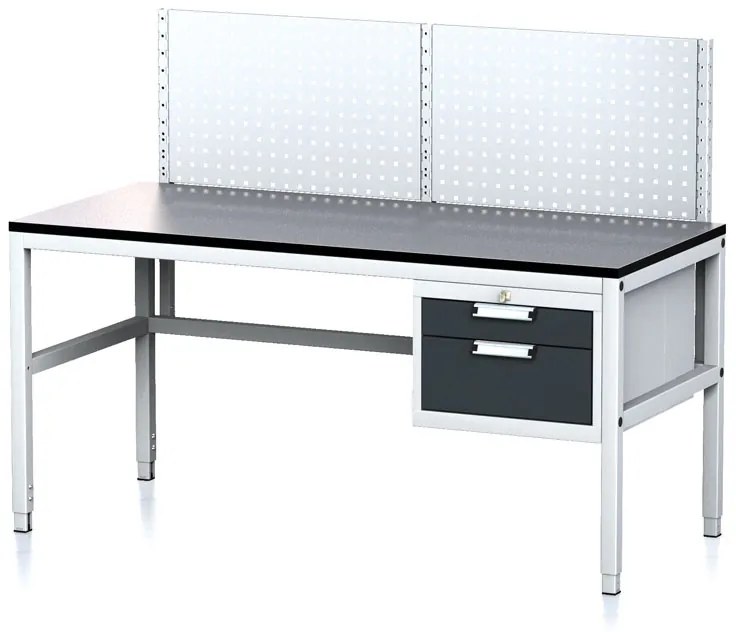 Nastaviteľný dielenský stôl MECHANIC II s perfopanelom, 2 zásuvkový box na náradie, 1600x700x745-985 mm, sivá/antracit
