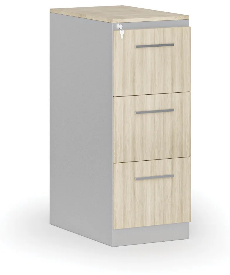 Kovová zásuvková kartotéka PRIMO s drevenými čelami A4, 3 zásuvky, sivá/dub prírodný