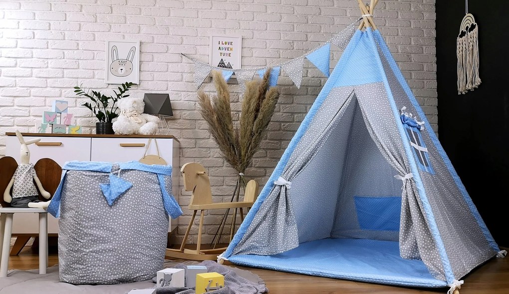 Detský kôš na hračky STARS - šedý/modrý