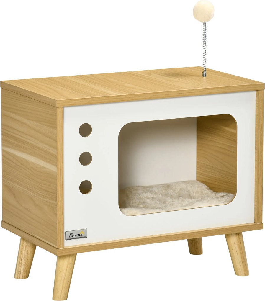 PawHut Mačacia Chata, Mačkový Box Tvaru Televízora s Hračkou, Škrabací Koberec, Vnútorná Mačacia Jaskyňa, Mačací Kúpeľ, Mačacia Diera pre Vnútorné a V