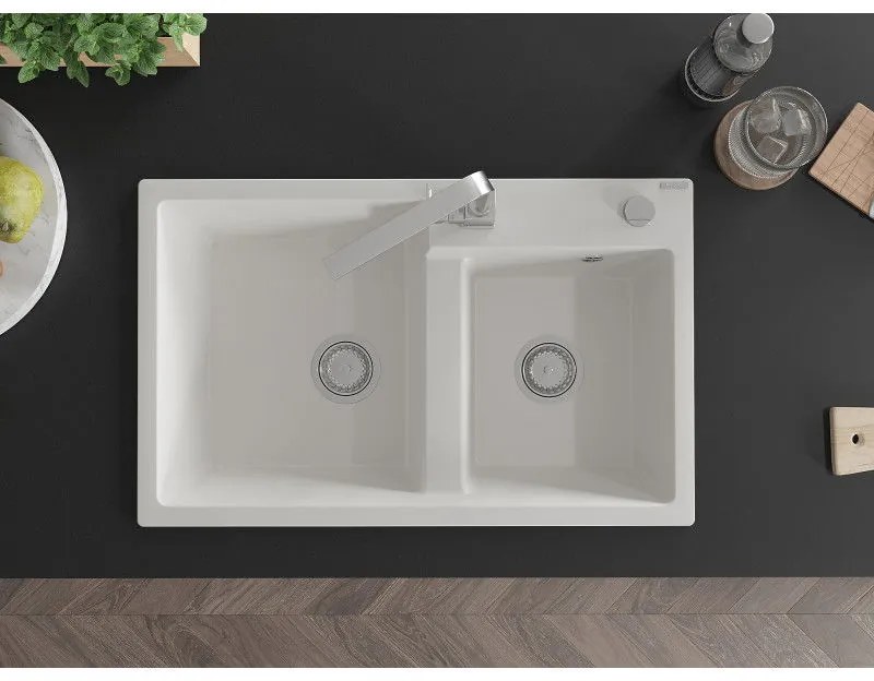 Mexen Tomas, granitový drez 800x500x190 mm, 2-komorový a chrómová batéria Rita, biela, 6516-20-670300-00