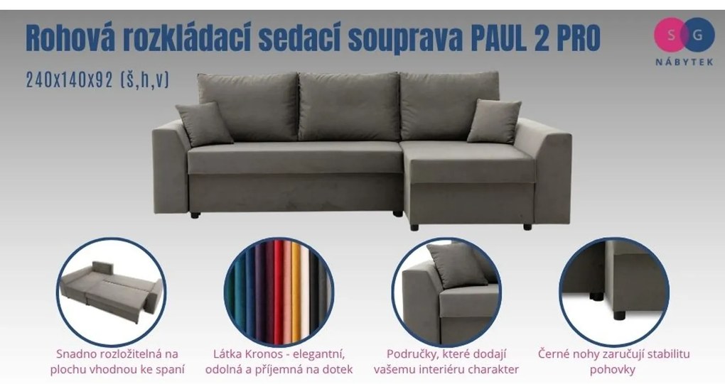 Rohová rozkladacia sedacia súprava PAUL 2 PRO Ľavá Tmavosivá