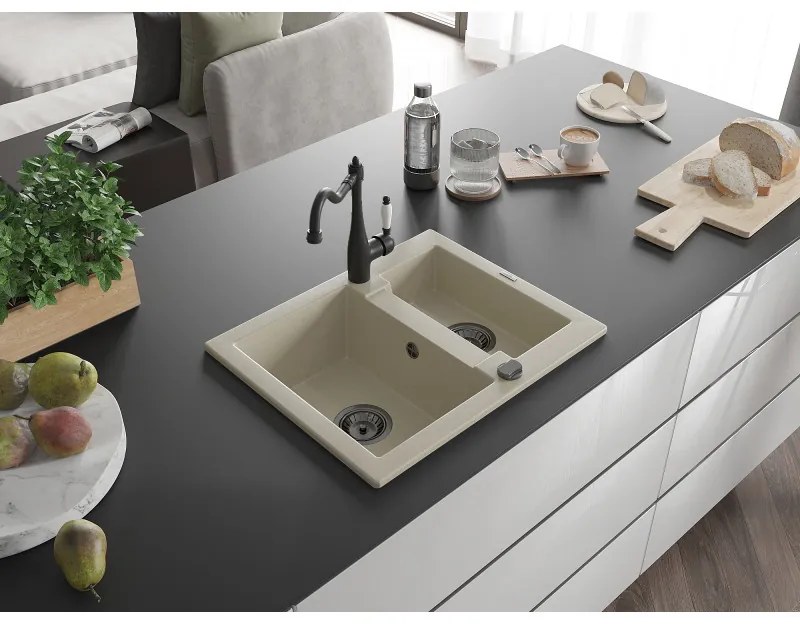 Mexen Carlos, granitový drez 582x475x177 mm, 1,5-komorový a drezová batéria Carla, béžová, 6518-69-670700-70