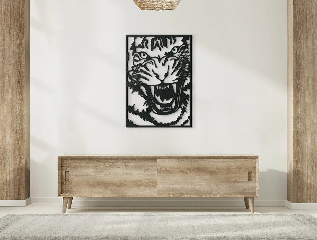 drevko Drevený obraz na stenu Tiger útočí Rozmer obrazu: 44,5 x 31,5 cm, Farba dekorácie: Čierna