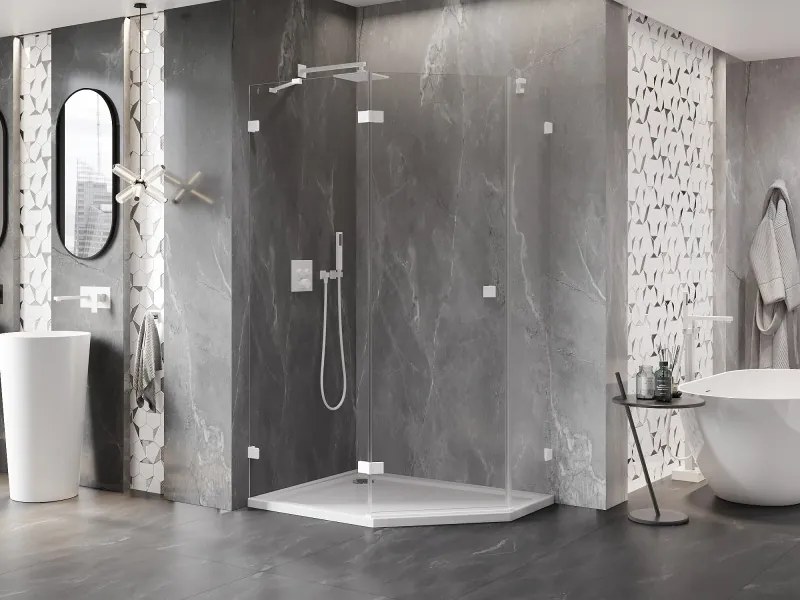 Mexen Lunar, Päťuholníkový sprchový kút Mexen Lunar naklápací doľava 100 x 80 cm, 8mm číre sklo, biely profil, 831-100L-080P-01-20-L