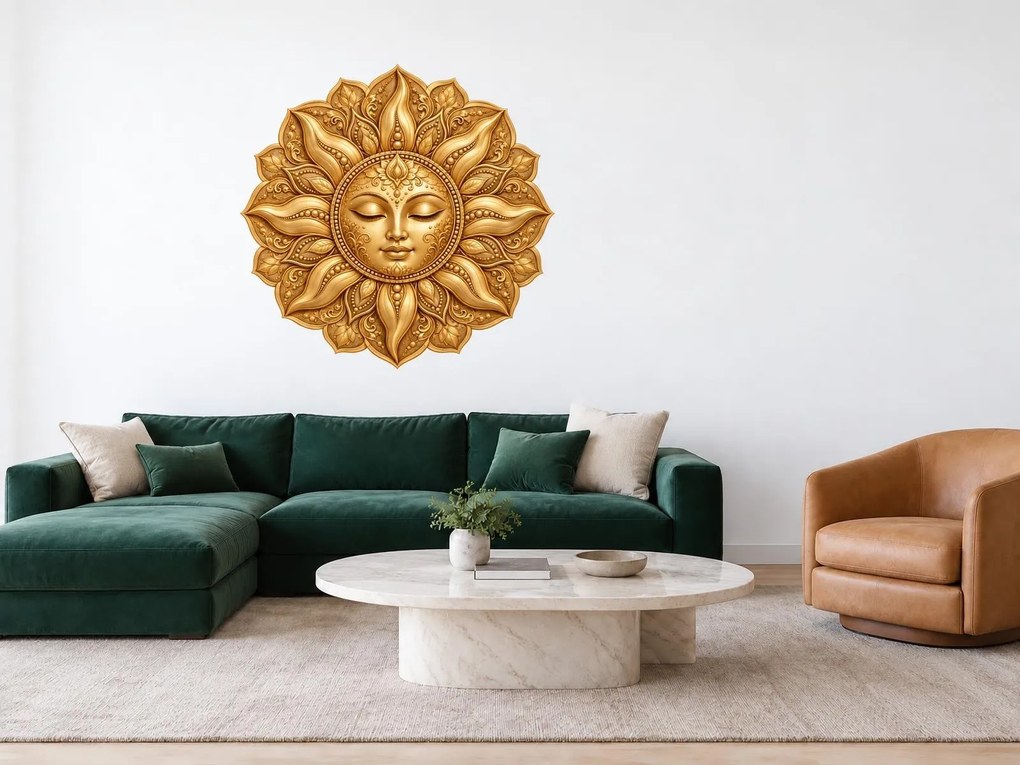 Zlatá mandala slnko harmonizujúca textilná prelepiteľná nálepka na stenu hárok 123 x 122 cm