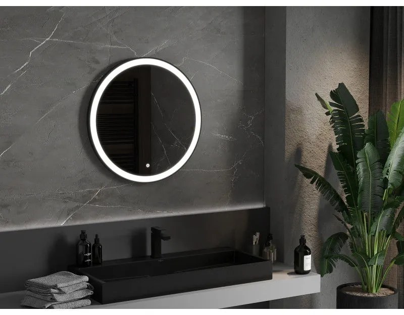 Mexen Esso, okrúhle LED podsvietené kúpeľňové zrkadlo 70 cm, 6000K, vykurovacia podložka proti zahmlievaniu, čierny rám, 9825-070-070-611-70