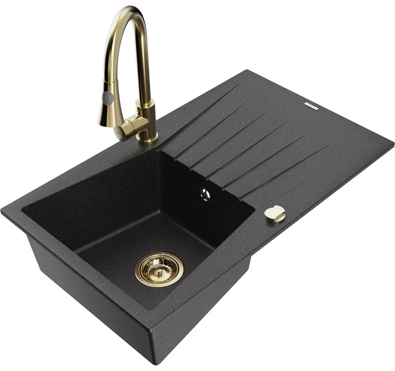 Mexen Cesar, 1-komorový granitový drez 775x470x190 mm a drezová batéria Elia, čierna-strieborná metalíza, 6514-73-670101-50