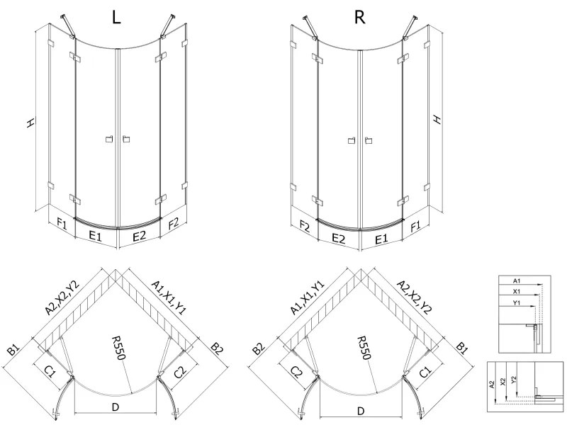 Mexen Lunar, polkruhový výklopný sprchový kút 90 x 90 cm, 8mm číre sklo, zlatý matný profil, 833-090L-090P-55-00