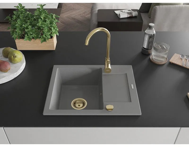 Mexen Enzo, granitový drez 576x465x174 mm, 1-komorový, šedá so zlatým sifónom, 6506571005-71-G