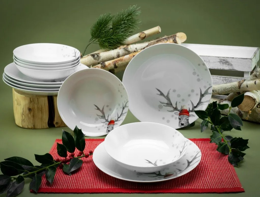 Jedálenský servis Vianočný motív jeleň, biely