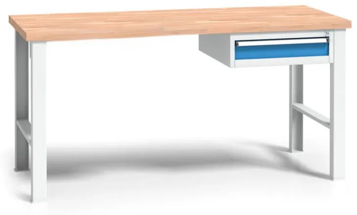 Výškovo nastaviteľný pracovný stôl do dielne WL so závesným boxom na náradie, buková škárovka, 1 zásuvka, 1500 x 685 x 840 - 1050 mm