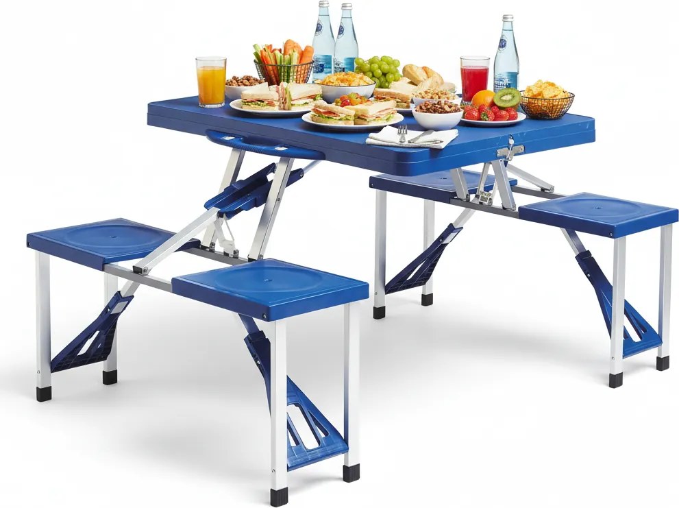 CH Kempingový skladací set 2v1 – kufríkový stôl so 4 sedadlami, modrý