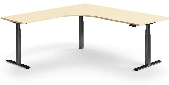 Výškovo nastaviteľný stôl QBUS, rohový, 2000x2000 mm, čierny rám, breza