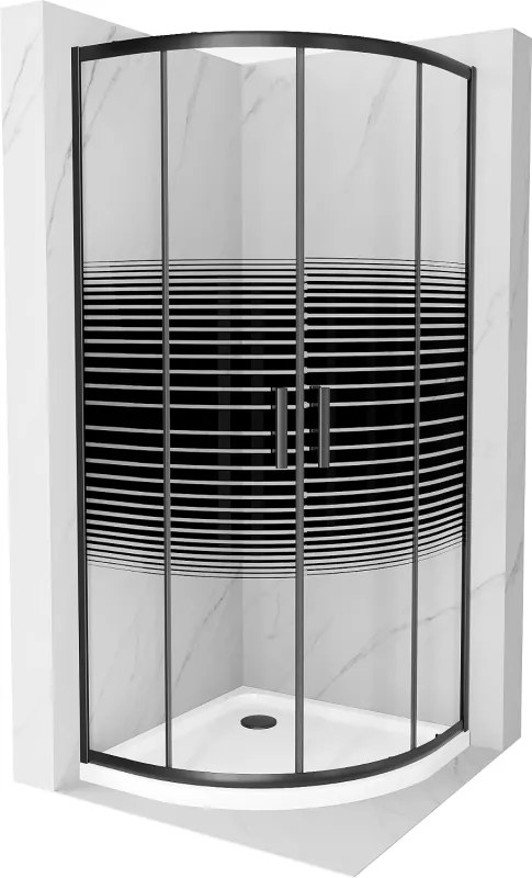 Mexen Rio, štvrťkruhový sprchovací kút s posuvnými dverami 80(dvere) x 80(dvere) x 190 cm, 6mm číre sklo s pásikmi, čierny profil + biela sprchová vanička SLIM, 863-080-080-70-20-4110B
