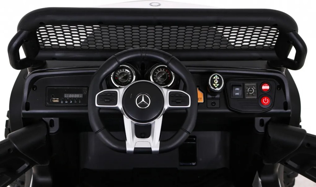 Ramiz Mercedes Benz Unimog pre deti biely + pohon 4x4 + diaľkové ovládanie + nosič batožiny + pomalý štart + MP3 LED