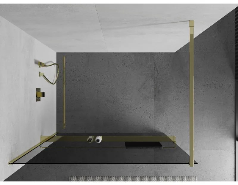 Mexen Kioto+, sprchová zástena s poličkou a držiakom na uteráky 110 x 200 cm, 8mm šedé sklo, zlatý profil, 800-110-121-50-40