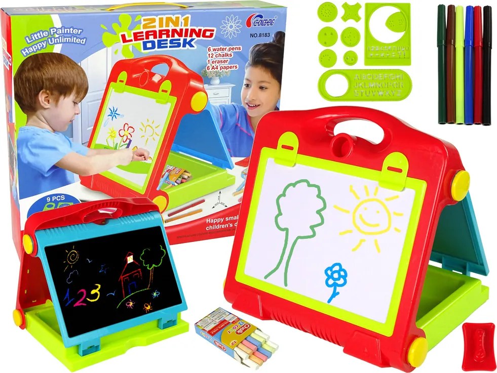 LEAN Toys Obojstranná skladacia tabuľa 2v1 v kufríku na kriedu a fixky