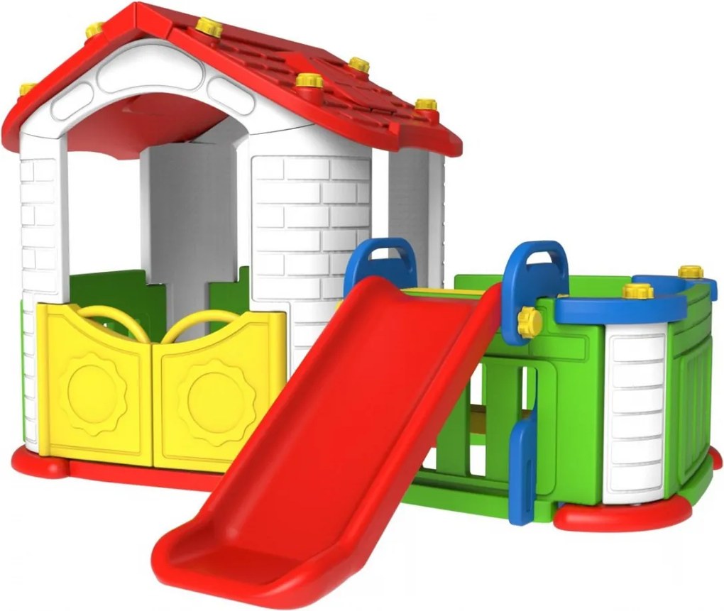 Ramiz Detský záhradný domček 3 v 1 Červený + šmykľavka + záhrada s plotom